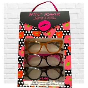 Betsey Johnson 3 Set Reading Glasses 2.00 Black Pink Tortoise Shell Set Chunky